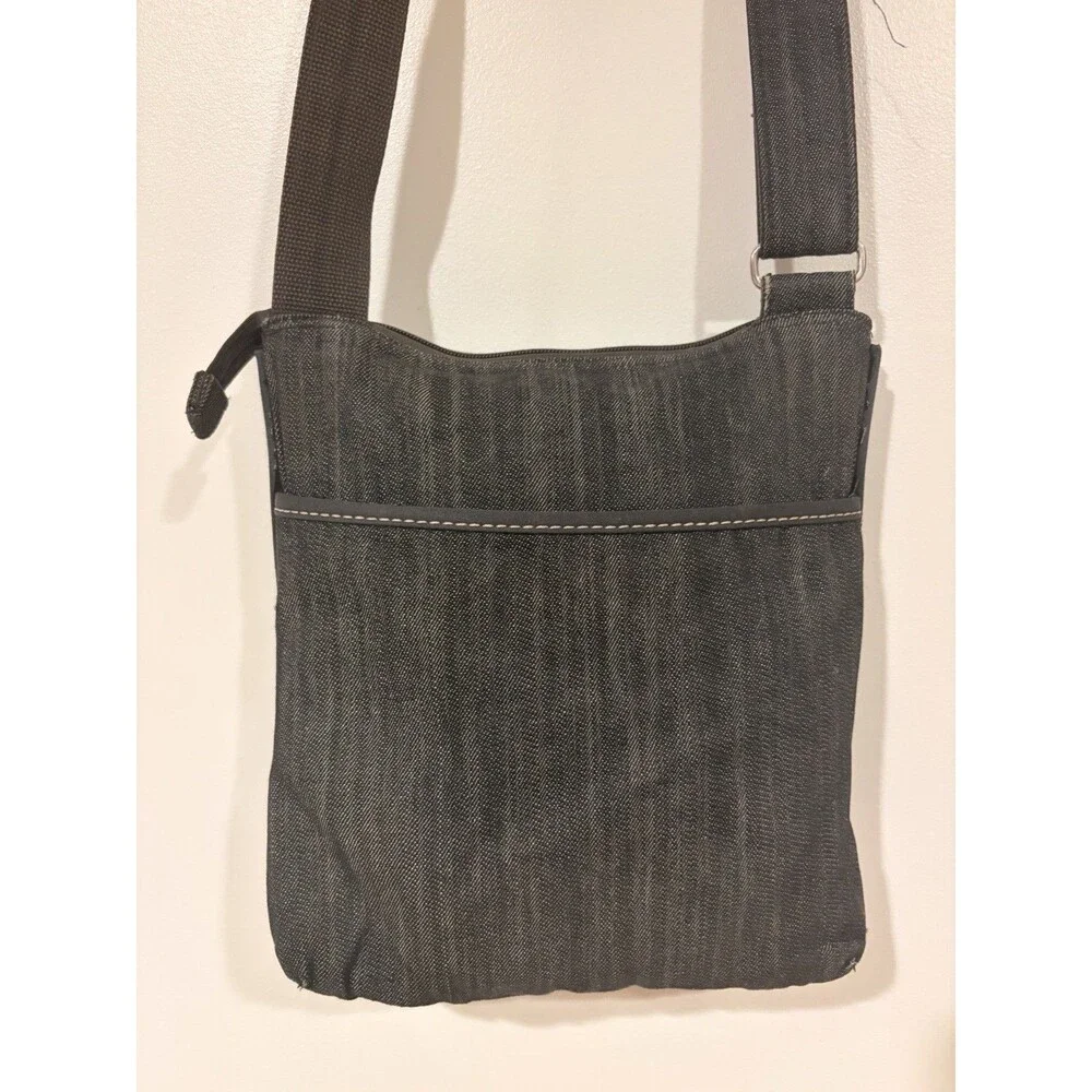 Thirty-One Gray Crossbody Bag, Zip Top, Adjust Strap, Pockets, Striped Lining